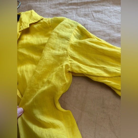 Zara Yellow 100% Ramie Tie Waist Cropped Blouse with ruffled long sleeve - Picture 10 of 12